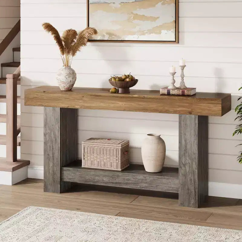 Console de table d'entrée de ferme à 2 niveaux, longue table d'appoint pour canapé, table derrière le canapé avec rangement ouvert pour l'entrée, le salon et le couloir.