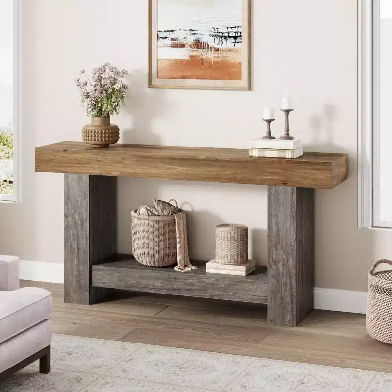 Console de table d'entrée de ferme à 2 niveaux, longue table d'appoint pour canapé, table derrière le canapé avec rangement ouvert pour l'entrée, le salon et le couloir.