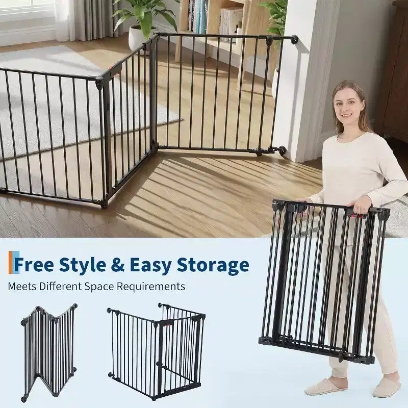 LinTimes Barrière réglable pour animaux de compagnie avec porte verrouillable - Extensible jusqu'à 201,6 pouces, Barrière métallique pour chien à 3-8 panneaux, Clôture de sécurité autoportante,