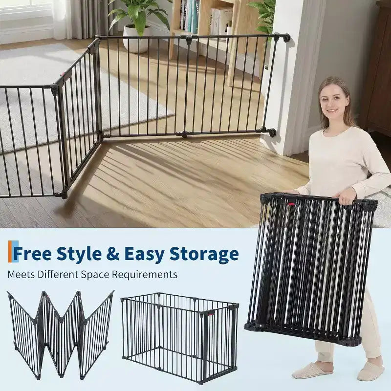 LinTimes Barrière réglable pour animaux de compagnie avec porte verrouillable - Extensible jusqu'à 201,6 pouces, Barrière métallique pour chien à 3-8 panneaux, Clôture de sécurité autoportante,