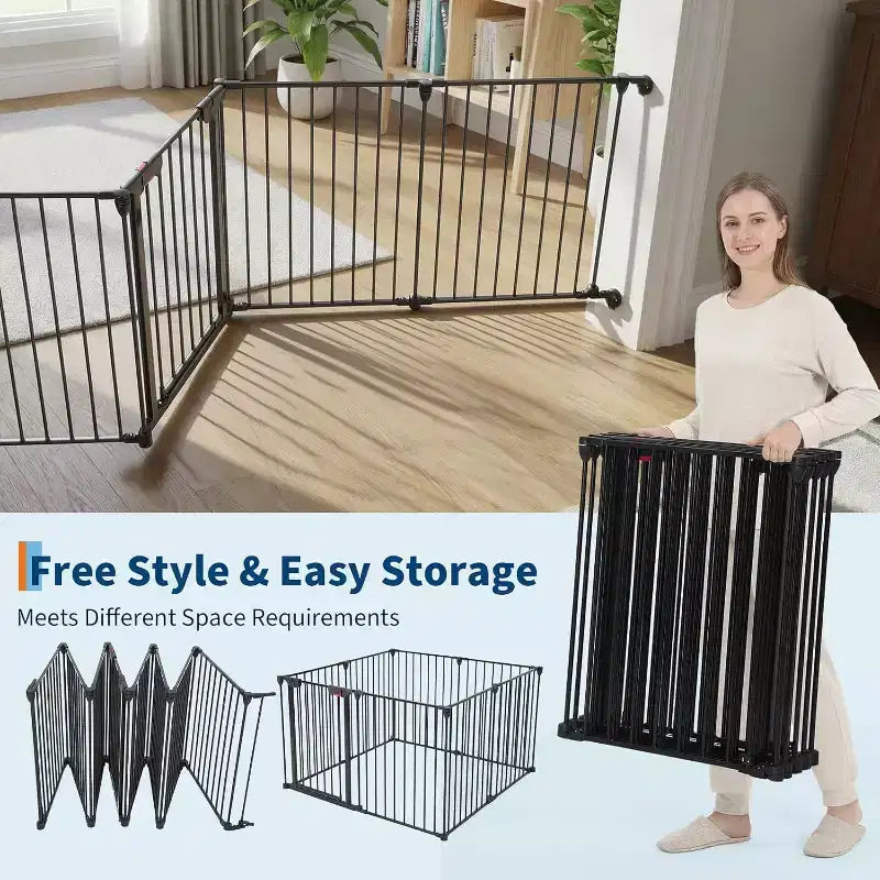 LinTimes Barrière réglable pour animaux de compagnie avec porte verrouillable - Extensible jusqu'à 201,6 pouces, Barrière métallique pour chien à 3-8 panneaux, Clôture de sécurité autoportante,
