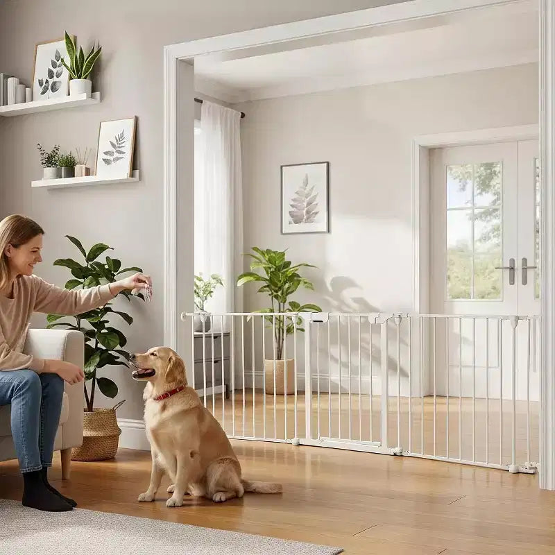 LinTimes Barrière réglable pour animaux de compagnie avec porte verrouillable - Extensible jusqu'à 201,6 pouces, Barrière métallique pour chien à 3-8 panneaux, Clôture de sécurité autoportante,