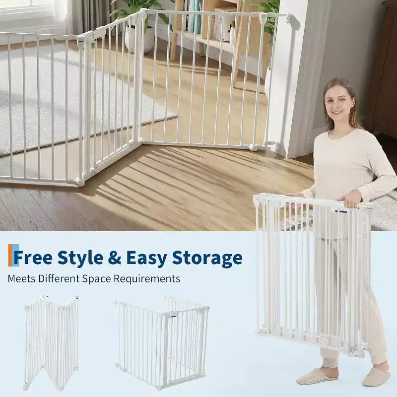 LinTimes Barrière réglable pour animaux de compagnie avec porte verrouillable - Extensible jusqu'à 201,6 pouces, Barrière métallique pour chien à 3-8 panneaux, Clôture de sécurité autoportante,