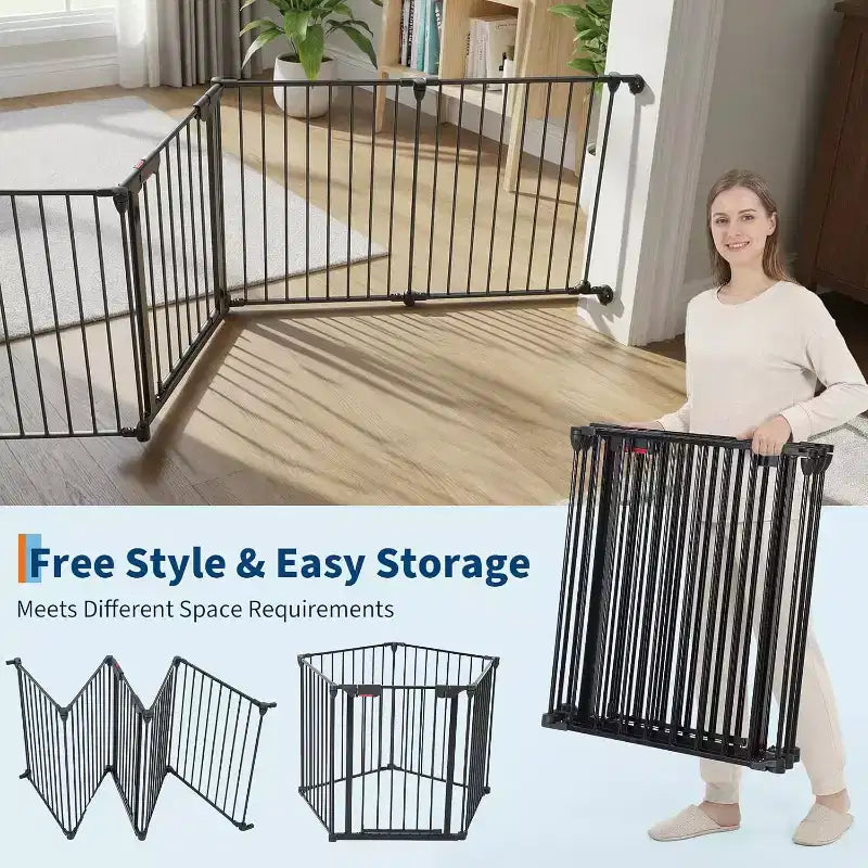 LinTimes Barrière réglable pour animaux de compagnie avec porte verrouillable - Extensible jusqu'à 201,6 pouces, Barrière métallique pour chien à 3-8 panneaux, Clôture de sécurité autoportante,
