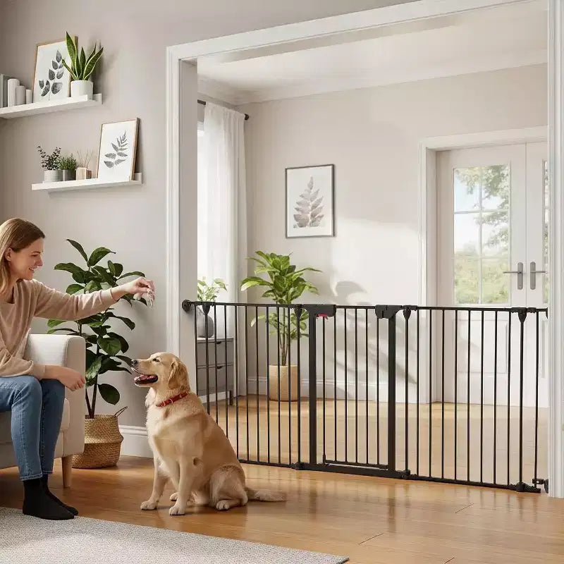 LinTimes Barrière réglable pour animaux de compagnie avec porte verrouillable - Extensible jusqu'à 201,6 pouces, Barrière métallique pour chien à 3-8 panneaux, Clôture de sécurité autoportante,