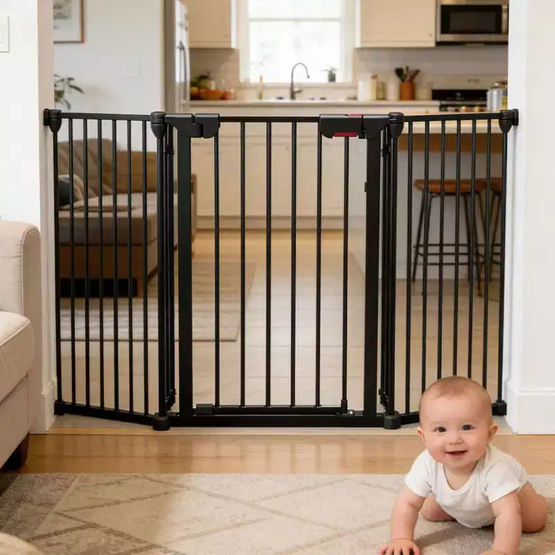 LinTimes Barrière réglable pour animaux de compagnie avec porte verrouillable - Extensible jusqu'à 201,6 pouces, Barrière métallique pour chien à 3-8 panneaux, Clôture de sécurité autoportante,