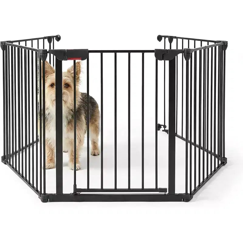 LinTimes Adjustable Pet Gate with Locking Door - Expandable to 201.6 Inches, 3-8 Panel Metal Dog Barrier, Freestanding Home Safety Fence,