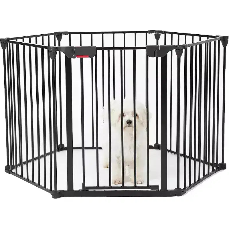 LinTimes Barrière réglable pour animaux de compagnie avec porte verrouillable - Extensible jusqu'à 201,6 pouces, Barrière métallique pour chien à 3-8 panneaux, Clôture de sécurité autoportante,