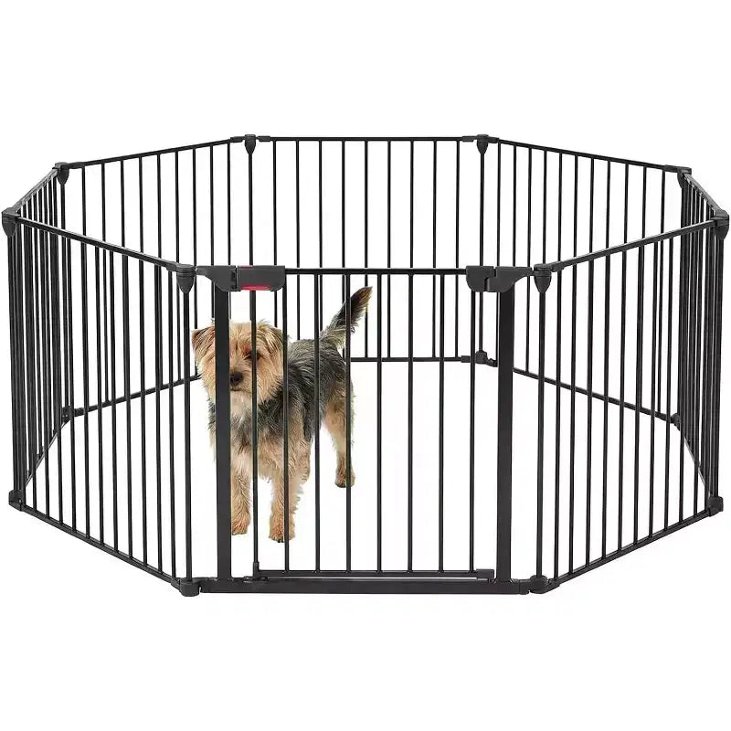 LinTimes Barrière réglable pour animaux de compagnie avec porte verrouillable - Extensible jusqu'à 201,6 pouces, Barrière métallique pour chien à 3-8 panneaux, Clôture de sécurité autoportante,