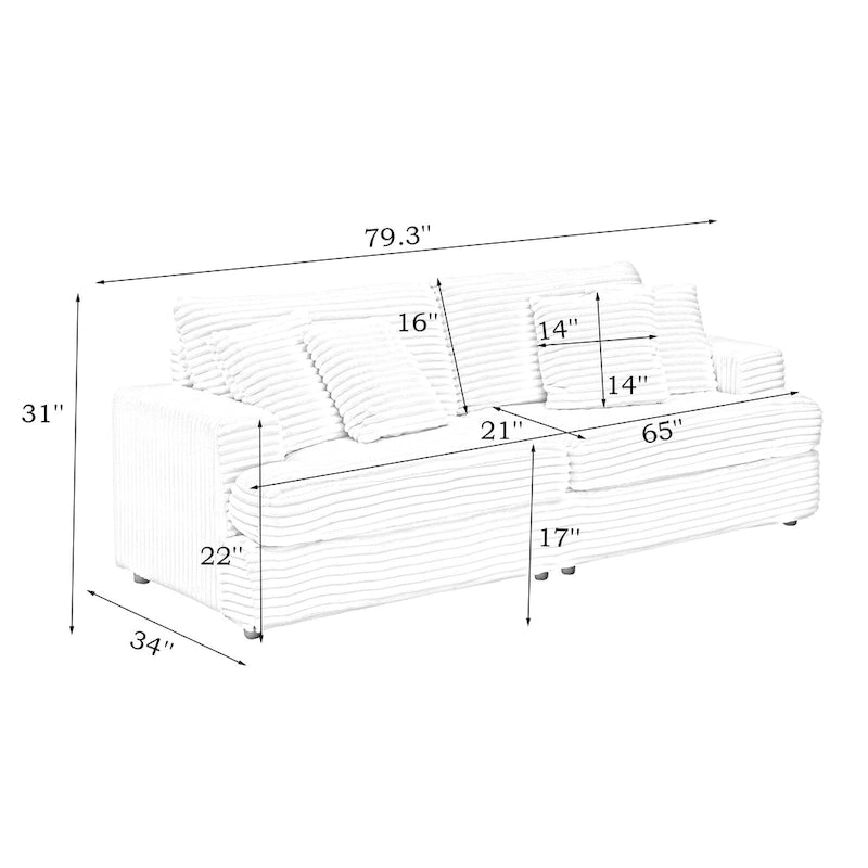 79.3 Corduroy 3-seater Sofa with Toss Pillows and Spring Cushion