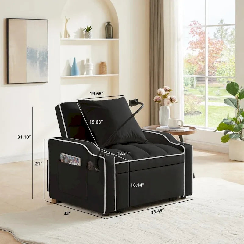 3-in-1 Sofa Bed, Convertible Sleeper Chair Sofa Bed Adjustable Pull Out Sleeper Chair Bed Multi-Pockets Folding Sofa Bed