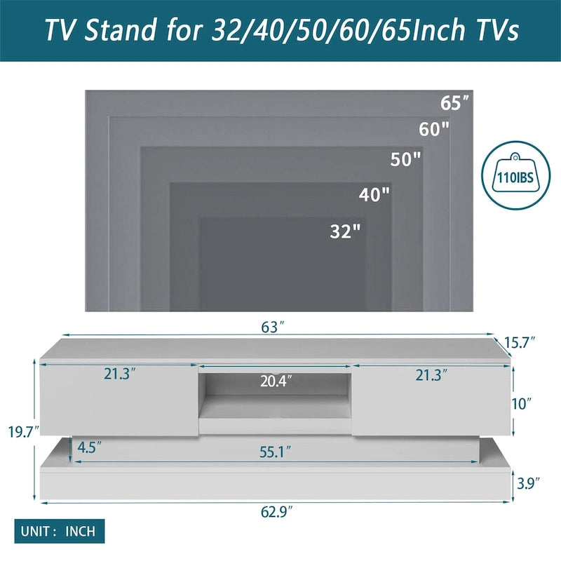 White 63 TV Stand with Drawers & LED Lights for 65 TVs