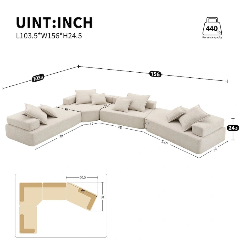 Canapé sectionnel modulaire capitonné en tissu bouclé, personnalisable soi-même