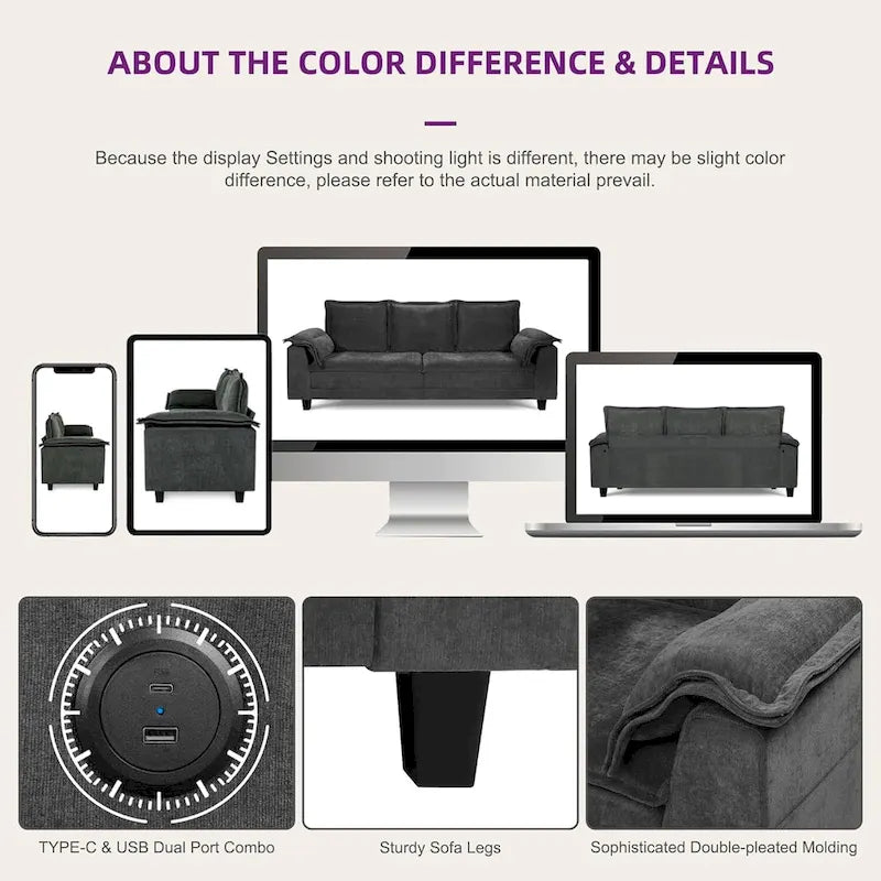 Tufted Upholstered 3 Seater Sofa Modern Chenille Couches