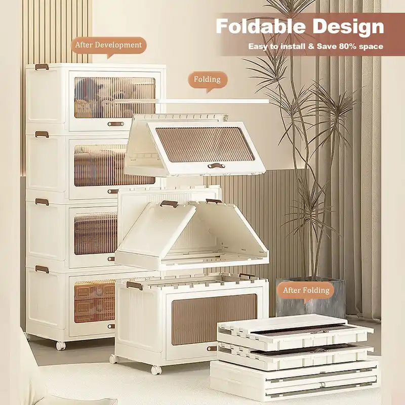 4 Tier Plastic Storage Bins with Lids,Stackable Storage Containers with Wheels, Folding Storage Boxes, Collapsible Storage Bins