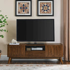 Meuble TV cannelé pour téléviseur de 65 pouces, Centre de divertissement avec rangement, Console média en bois, Table d'appoint, 2 portes, 1 tiroir, Pieds en bois