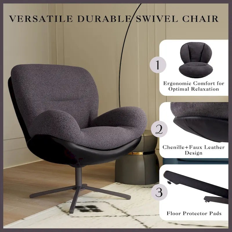 360 Swivel Accent Chair, Modern Chenille Lounge Chair with Faux Leather and Black Metal Base Frame, Comfortable Reading Chair