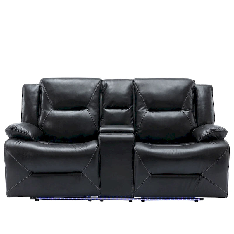 2 Seater Home Theater Recliner Manual Recliner Chair with a LED Light Strip Two Cup Holders and a Storage Box