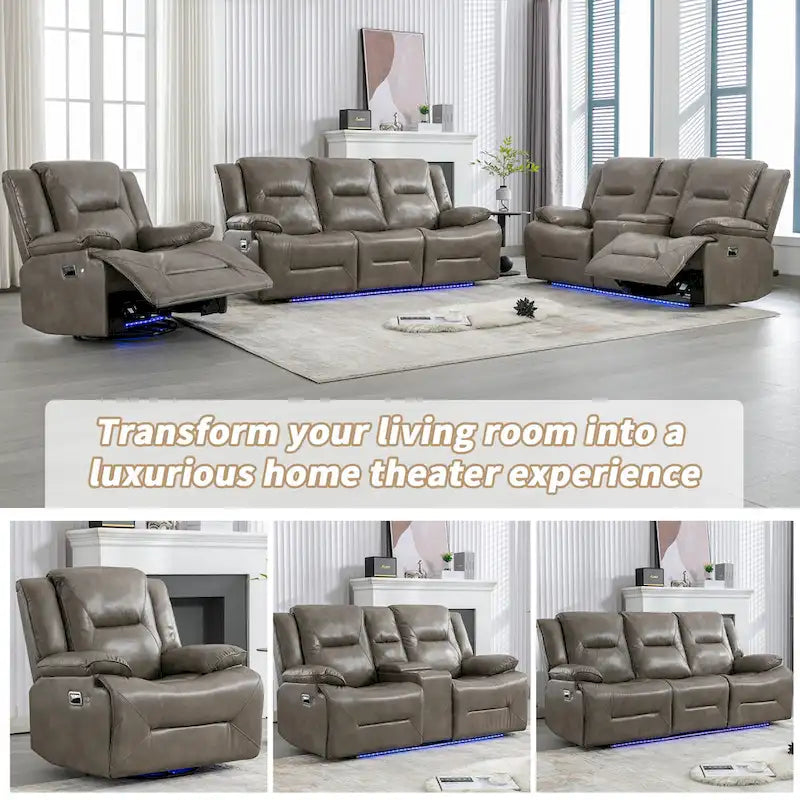 2 Seater Home Theater Recliner Manual Recliner Chair with a LED Light Strip Two Cup Holders and a Storage Box