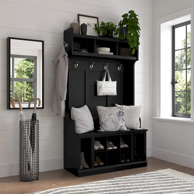 Woodland 40W Hall Tree and Shoe Bench with Shelves by Bush Furniture