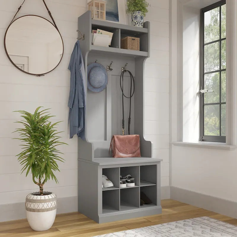 Woodland Hall Tree and Small Shoe Bench with Shelves by Bush Furniture