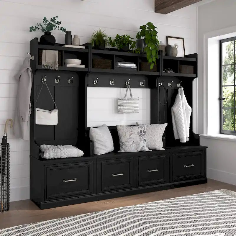 Woodland Hall Tree and Small Shoe Bench with Shelves by Bush Furniture