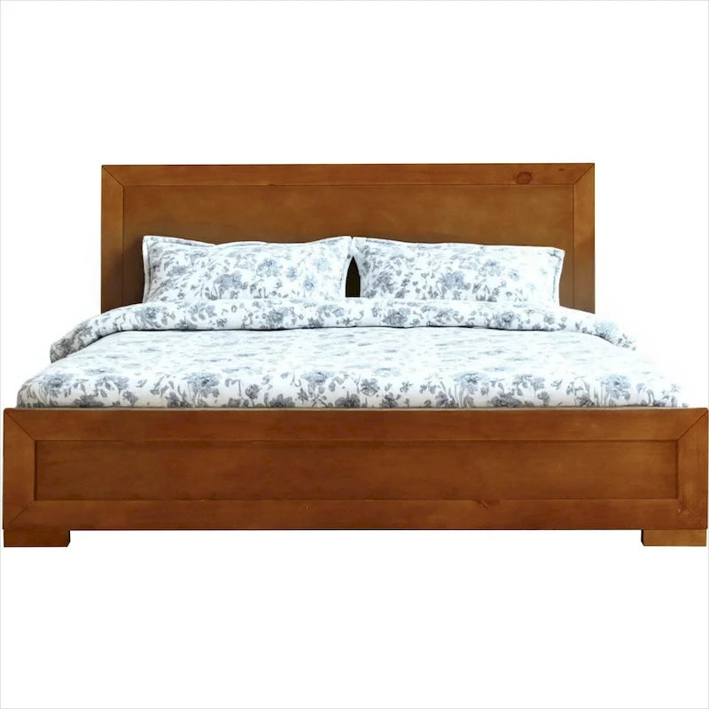Cadre de lit king-size en bois massif HomeRoots avec panneaux incrustés de chêne
