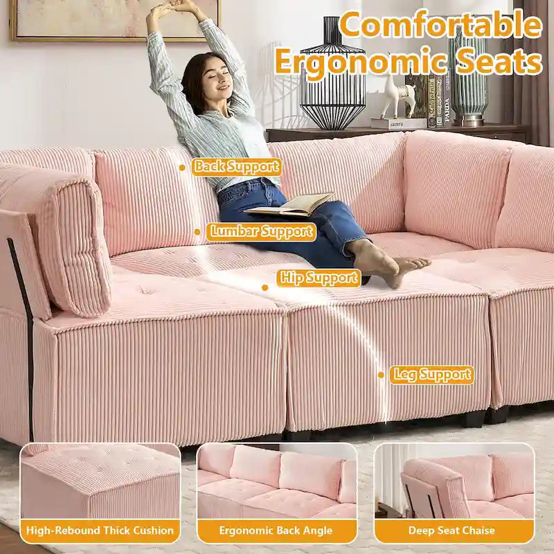 Canapé modulable convertible 6 places en velours côtelé en forme de U, idéal pour le salon