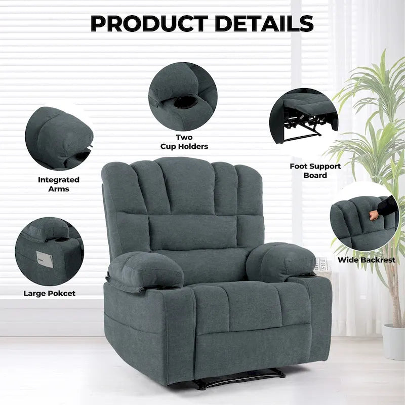 Chenille Manual Recliner Chair with Massage and Lumbar Heating, Dual Cup Holders, Side Pockets