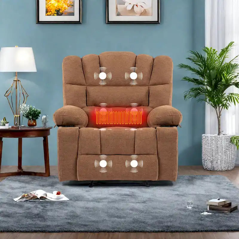 Chenille Manual Recliner Chair with Massage and Lumbar Heating, Dual Cup Holders, Side Pockets