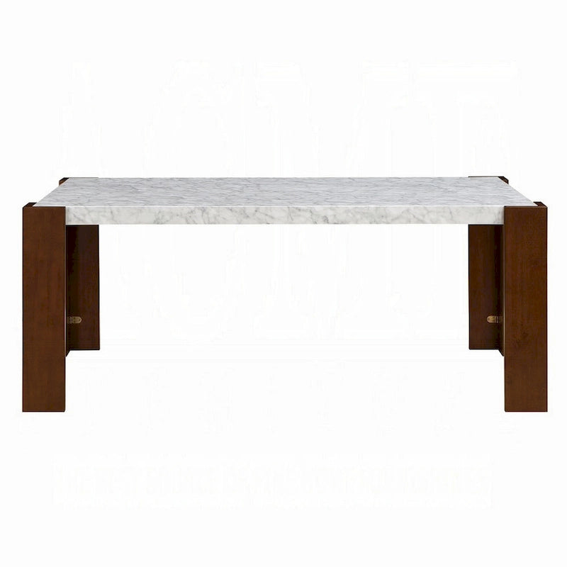 Table à manger, dessus rectangulaire en faux marbre blanc de 72 pouces, bois brun