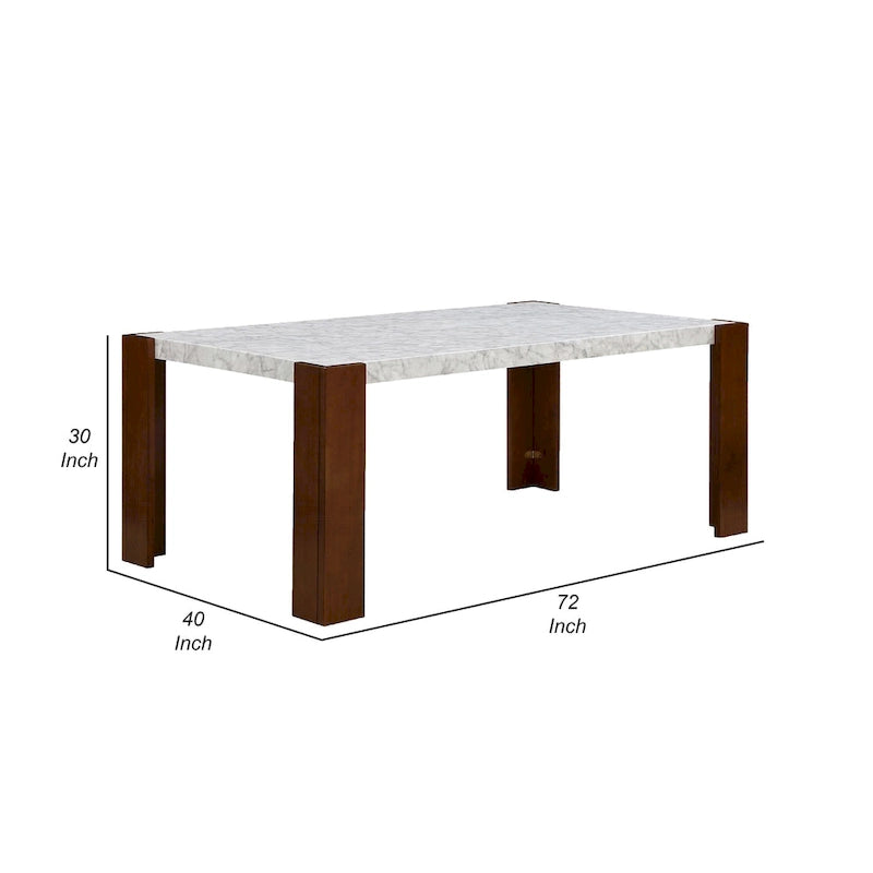 Table à manger, dessus rectangulaire en faux marbre blanc de 72 pouces, bois brun