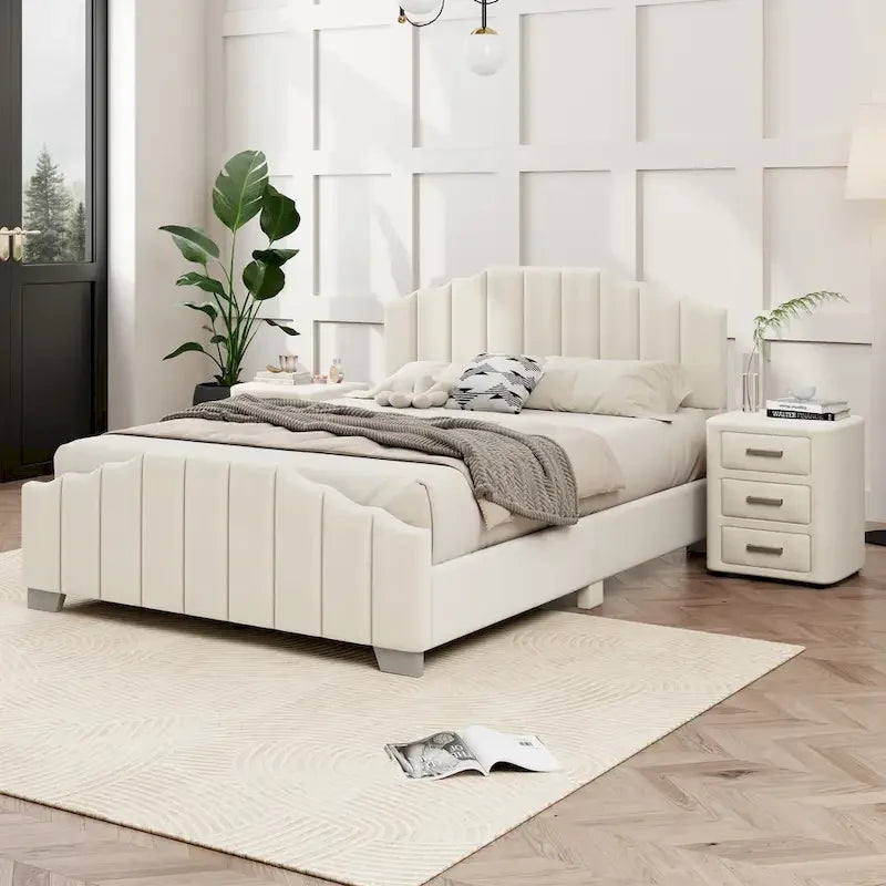 Lit plateforme moderne pleine grandeur rembourré avec tête et pied de lit matelassés, cadre en bois, aucun sommier tapissier requis