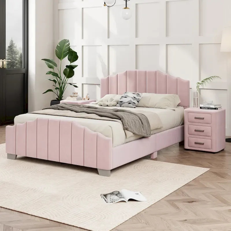 Lit plateforme moderne pleine grandeur rembourré avec tête et pied de lit matelassés, cadre en bois, aucun sommier tapissier requis