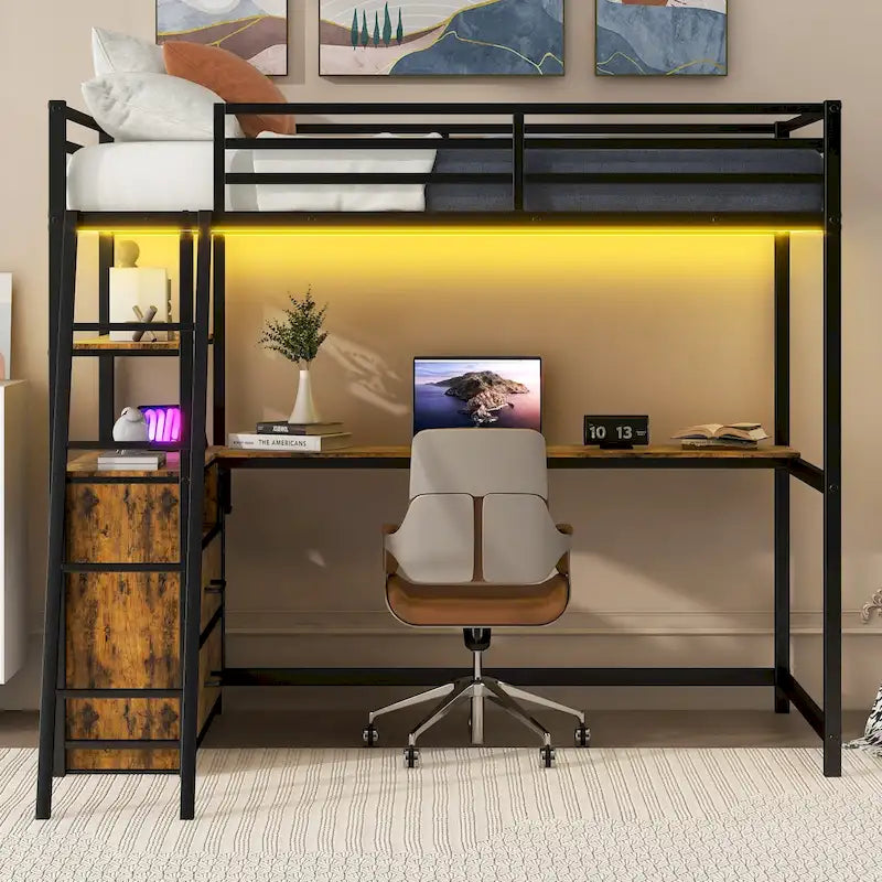Lit mezzanine double en métal et bois avec bureau et étagères, deux tiroirs intégrés, lumière LED et station de recharge USB