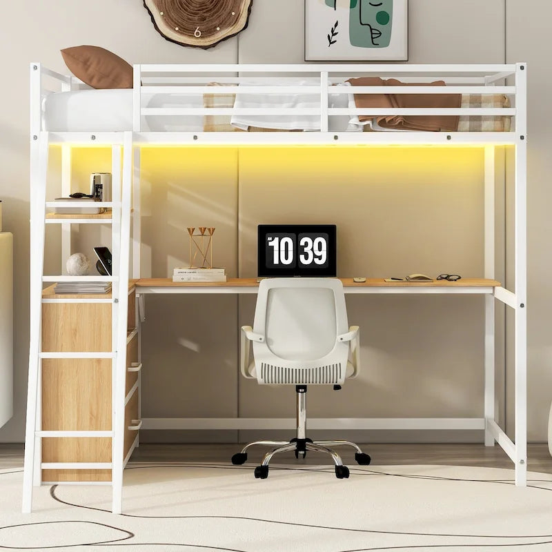 Lit mezzanine double en métal et bois avec bureau et étagères, deux tiroirs intégrés, lumière LED et station de recharge USB