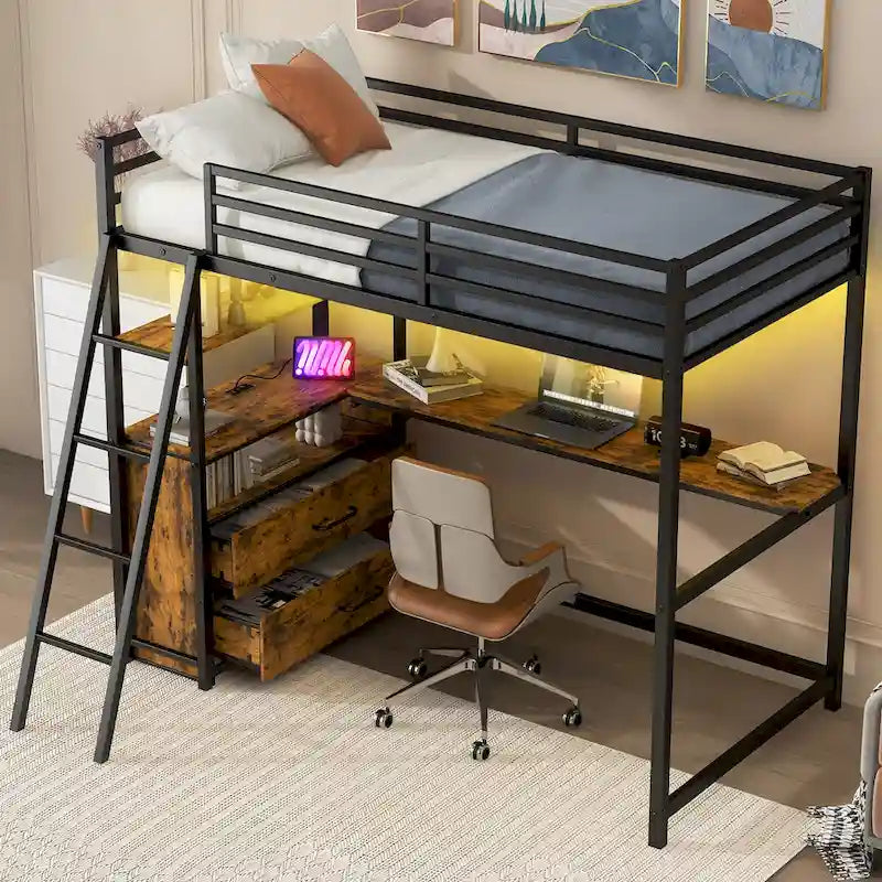 Lit mezzanine double en métal et bois avec bureau et étagères, deux tiroirs intégrés, lumière LED et station de recharge USB