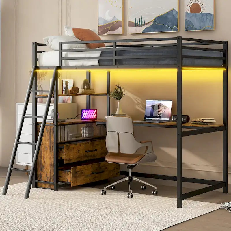 Lit mezzanine double en métal et bois avec bureau et étagères, deux tiroirs intégrés, lumière LED et station de recharge USB