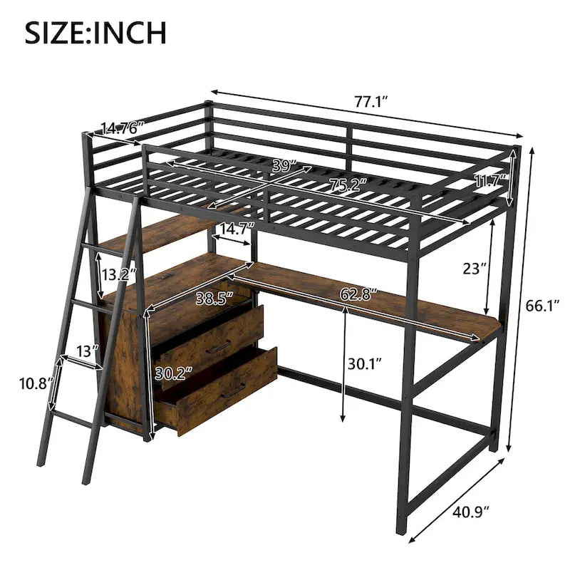 Lit mezzanine double en métal et bois avec bureau et étagères, deux tiroirs intégrés, lumière LED et station de recharge USB