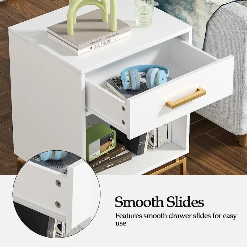 Anmytek Table de chevet moderne blanche à 1 tiroir en bois avec étagère ouverte (lot de 2)