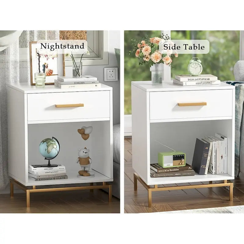 Anmytek Table de chevet moderne blanche à 1 tiroir en bois avec étagère ouverte (lot de 2)