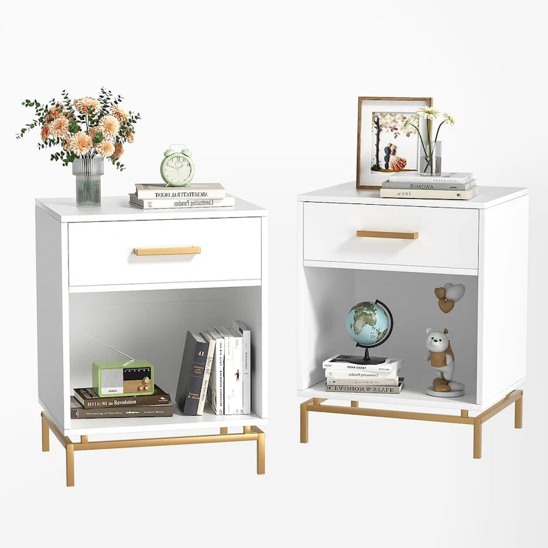 Anmytek Table de chevet moderne blanche à 1 tiroir en bois avec étagère ouverte (lot de 2)