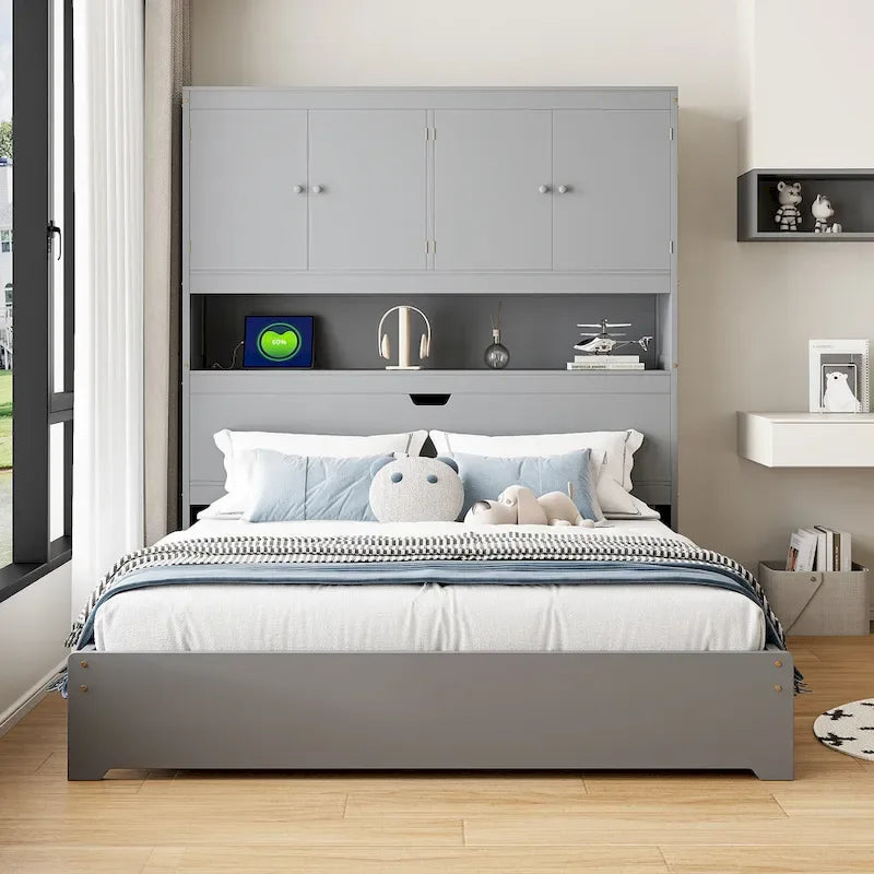 Wooden Platform Storage Bed Full Size Bed Frame with Storage Headboard