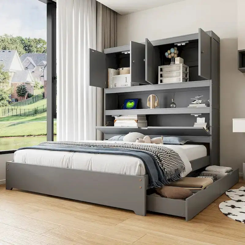 Wooden Platform Storage Bed Full Size Bed Frame with Storage Headboard