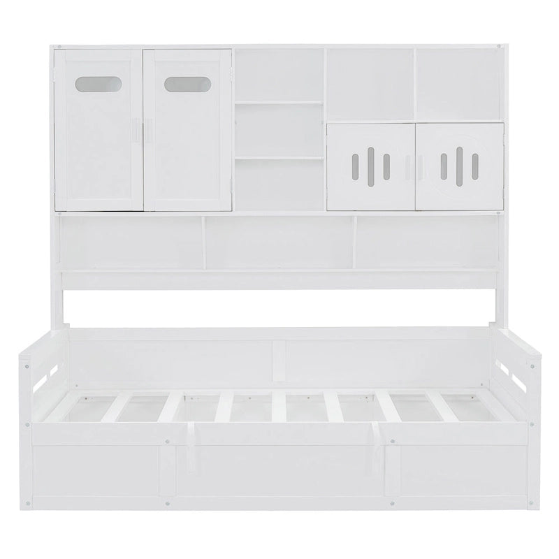 Lit de jour double avec vérin hydraulique, 3 espaces de rangement et étagères et armoires intégrées