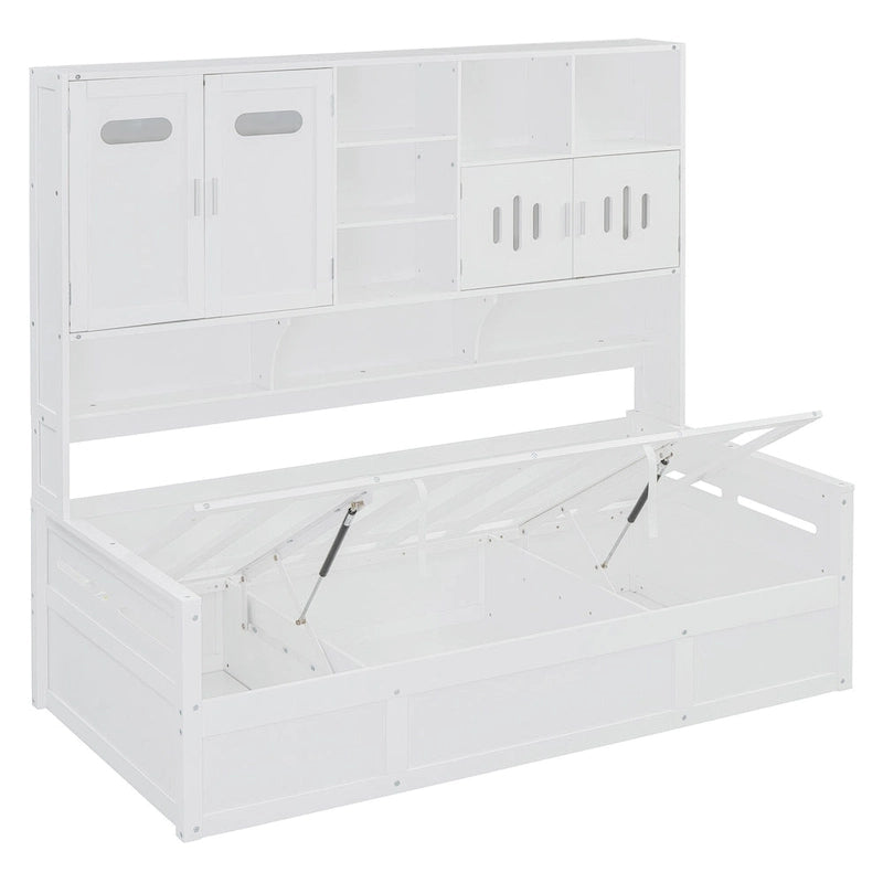 Lit de jour double avec vérin hydraulique, 3 espaces de rangement et étagères et armoires intégrées