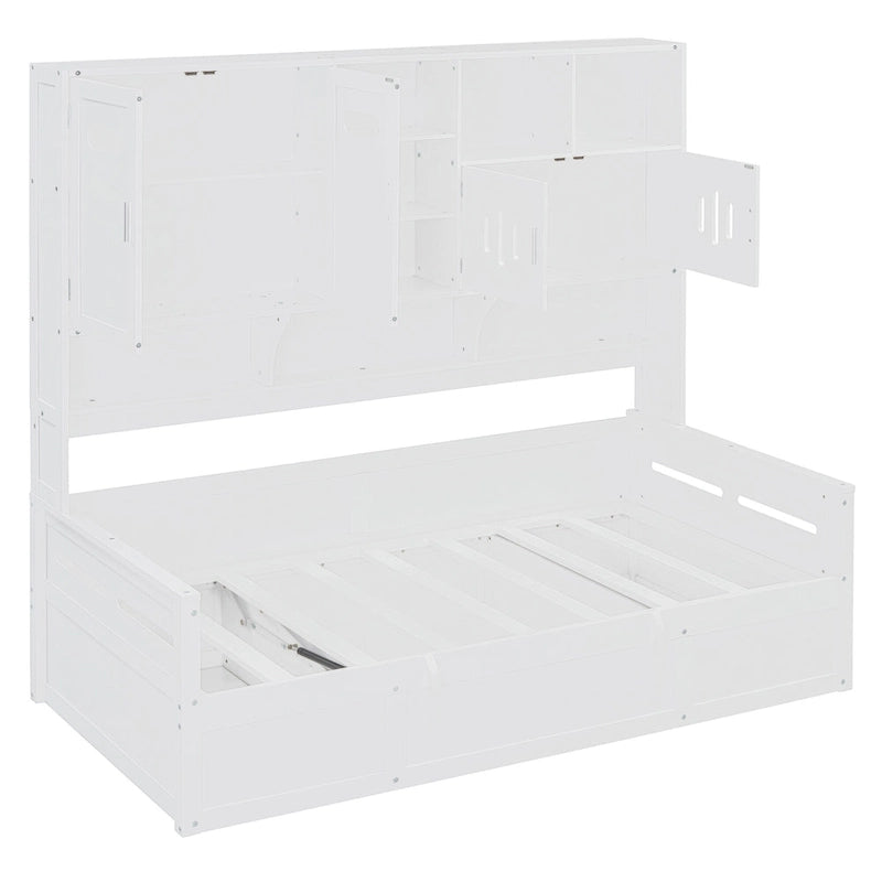Lit de jour double avec vérin hydraulique, 3 espaces de rangement et étagères et armoires intégrées