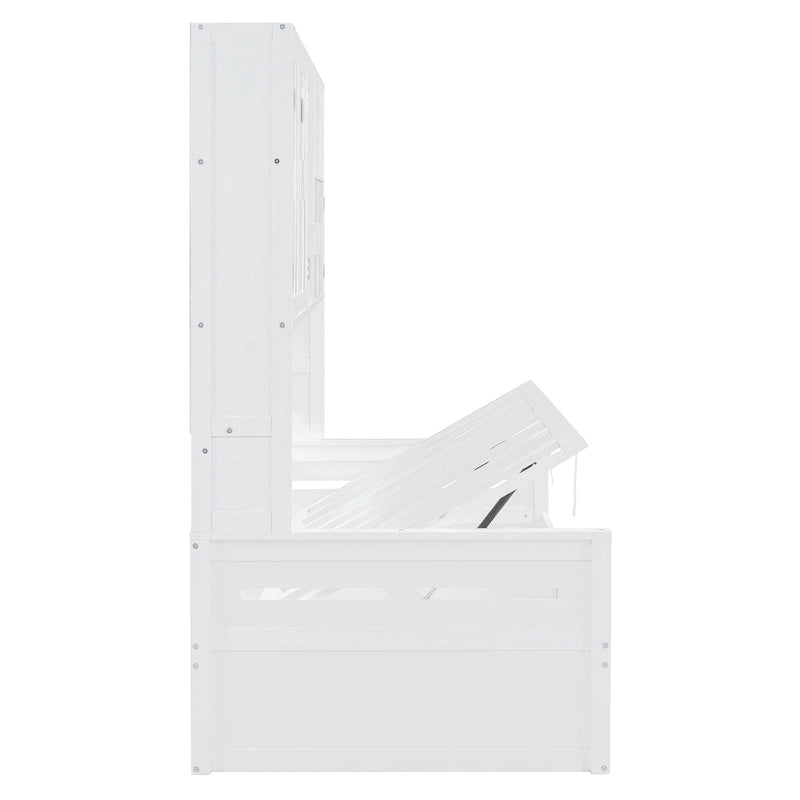 Lit de jour double avec vérin hydraulique, 3 espaces de rangement et étagères et armoires intégrées