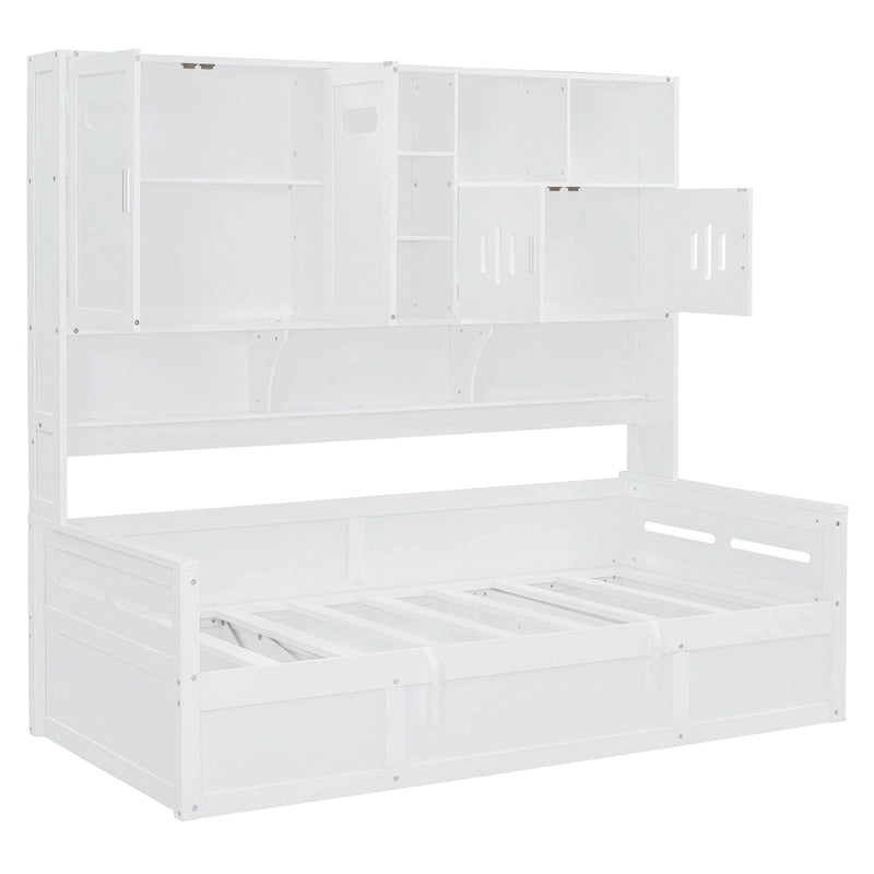 Lit de jour double avec vérin hydraulique, 3 espaces de rangement et étagères et armoires intégrées