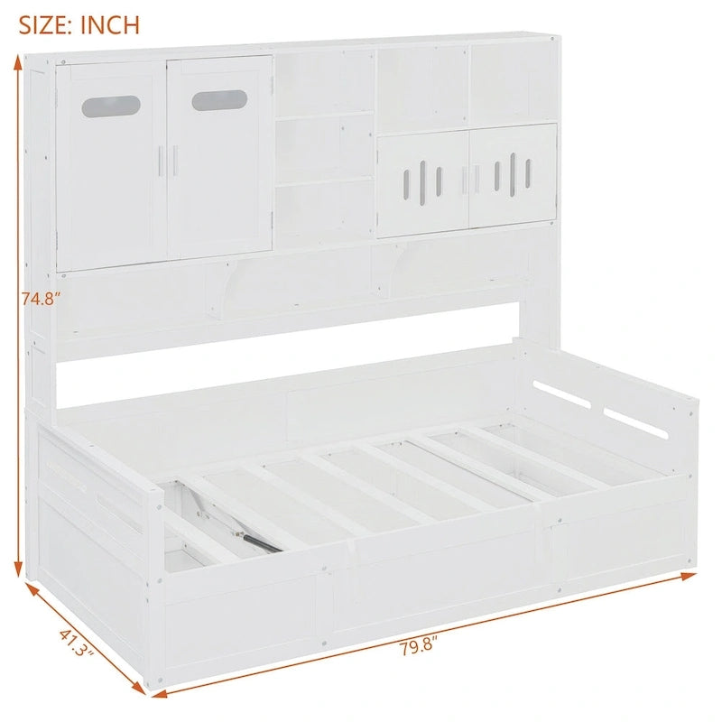 Lit de jour double avec vérin hydraulique, 3 espaces de rangement et étagères et armoires intégrées